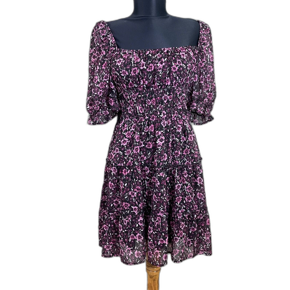 Vintage 90s Milkmaid Dress Size M Trixxi Ditsy Floral Ruffle Short Sleeve lined